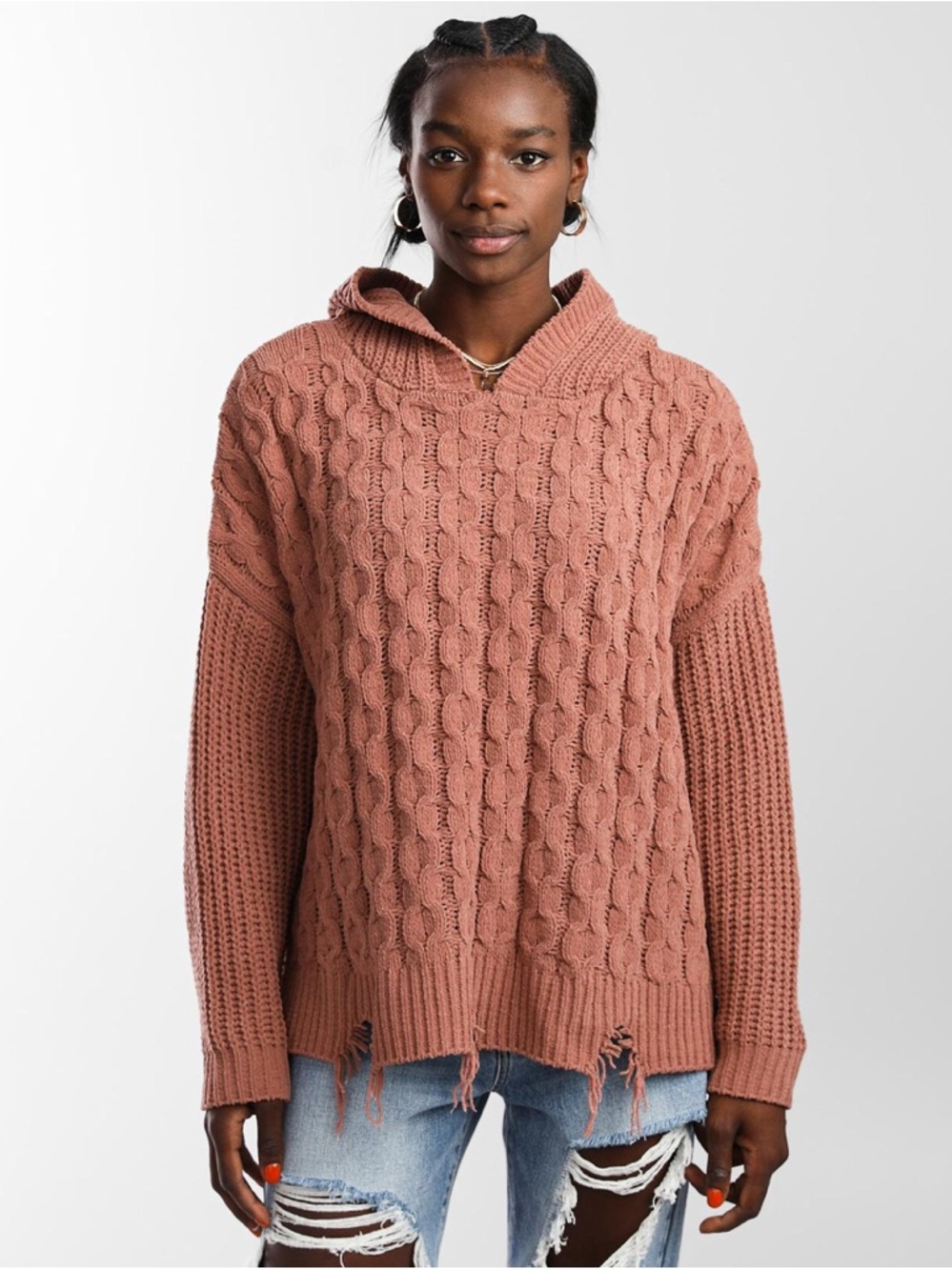 BKE Cable Knit Hooded Sweater in Rust